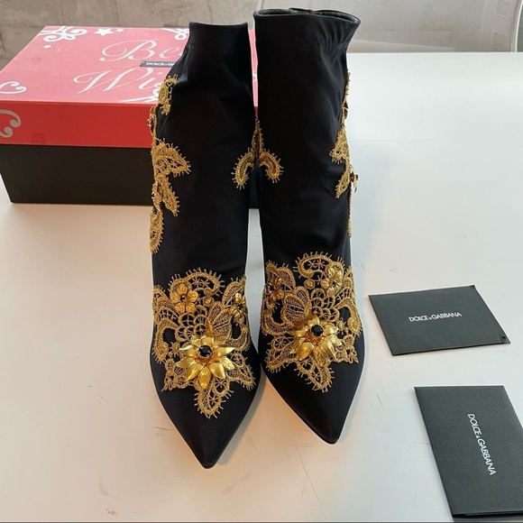 DOLCE & GABBANA Lori embellished lace appliquéd stretch jersey sock boot gold - Picture 7 of 13